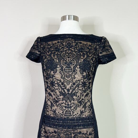 Tadashi Shoji | Black Lace Nude Illusion Formal Cocktail Designer Mini Dress 2 - Picture 3 of 10